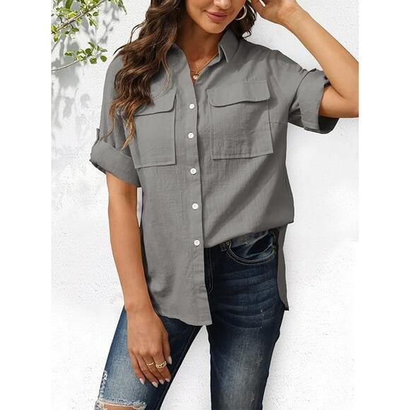 Women’s XL Gray Short Sleeve Button Down Collared Blouse with Pockets - Picture 2 of 5